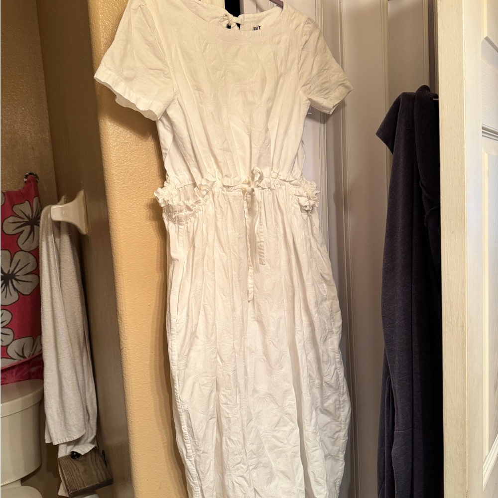 WHIT White Puff Sleeve Crew Neck Midi Dress